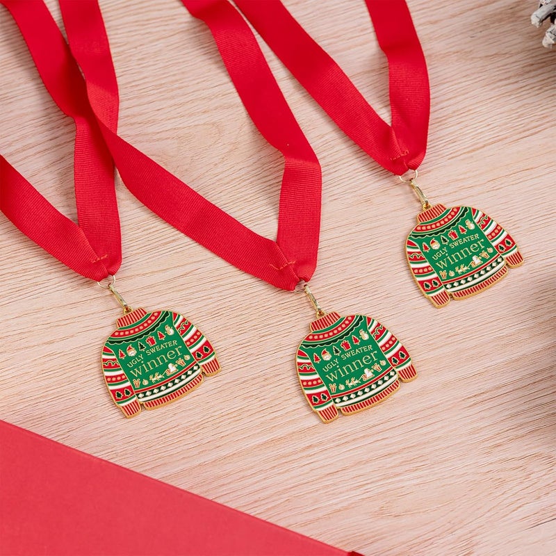 Jocomoni 3PCS Christmas Ugly Sweater Medal Award Contest Medals with Neck Ribbon Christmas Tree Ornament Contest Prizes for Ugly Sweater Contest Party Xmas Party Supplies - Image 4